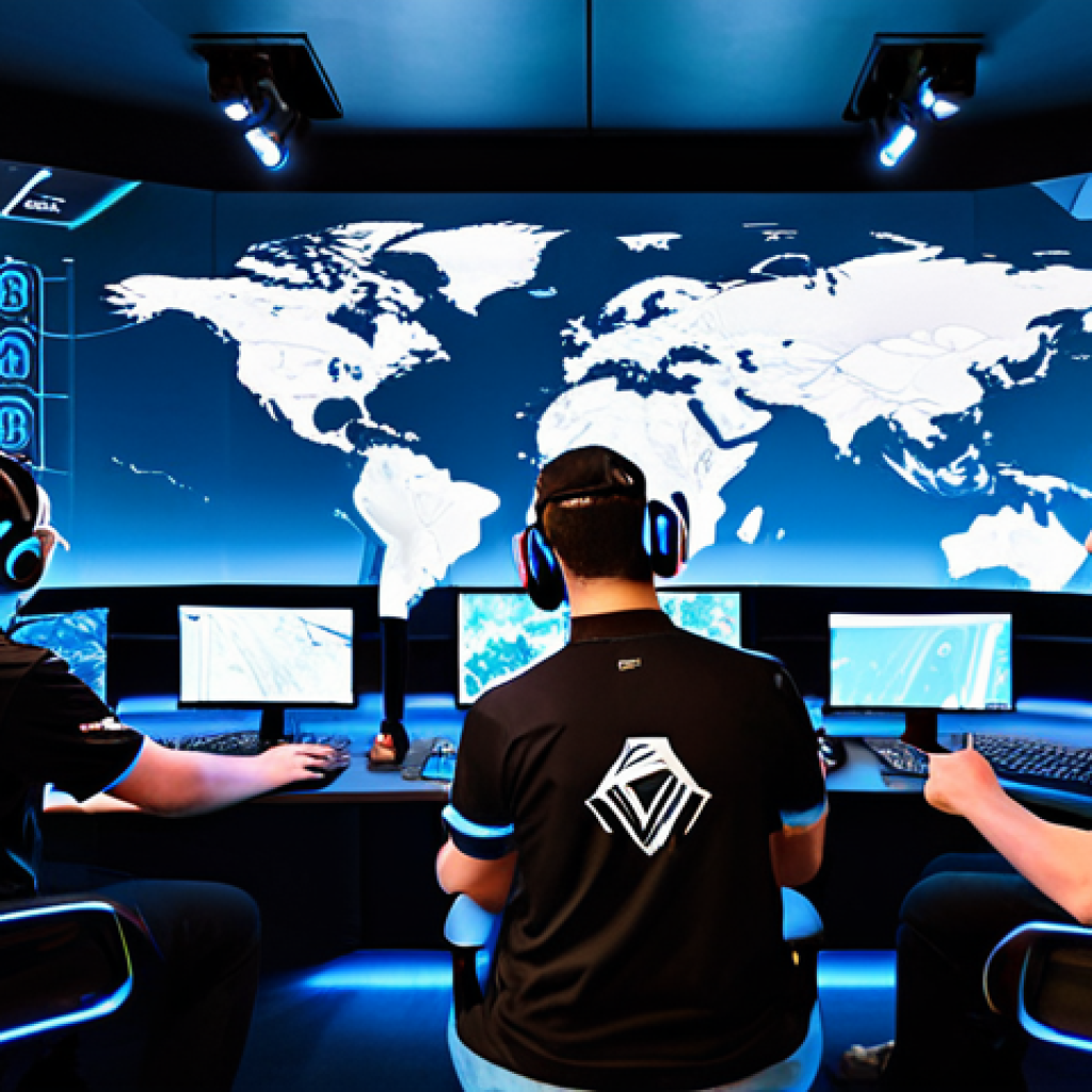 A professional esports team of diverse adults, fully clothed in modest, team-branded esports jerseys, gathered around a large holographic tactical map display in a high-tech gaming command center. One team member points strategically at an 'entry point' on the glowing map, while others listen intently, some wearing gaming headsets, demonstrating clear communication and teamwork. The environment is sleek, modern, with multiple high-resolution screens showing game data and analytical overlays in the background. The lighting is focused and strategic, highlighting the intense concentration and collaborative spirit. perfect anatomy, correct proportions, natural pose, well-formed hands, proper finger count, natural body proportions, professional photography, high quality, safe for work, appropriate content, fully clothed, family-friendly.