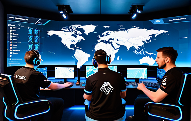 A professional esports team of diverse adults, fully clothed in modest, team-branded esports jerseys, gathered around a large holographic tactical map display in a high-tech gaming command center. One team member points strategically at an 'entry point' on the glowing map, while others listen intently, some wearing gaming headsets, demonstrating clear communication and teamwork. The environment is sleek, modern, with multiple high-resolution screens showing game data and analytical overlays in the background. The lighting is focused and strategic, highlighting the intense concentration and collaborative spirit. perfect anatomy, correct proportions, natural pose, well-formed hands, proper finger count, natural body proportions, professional photography, high quality, safe for work, appropriate content, fully clothed, family-friendly.
