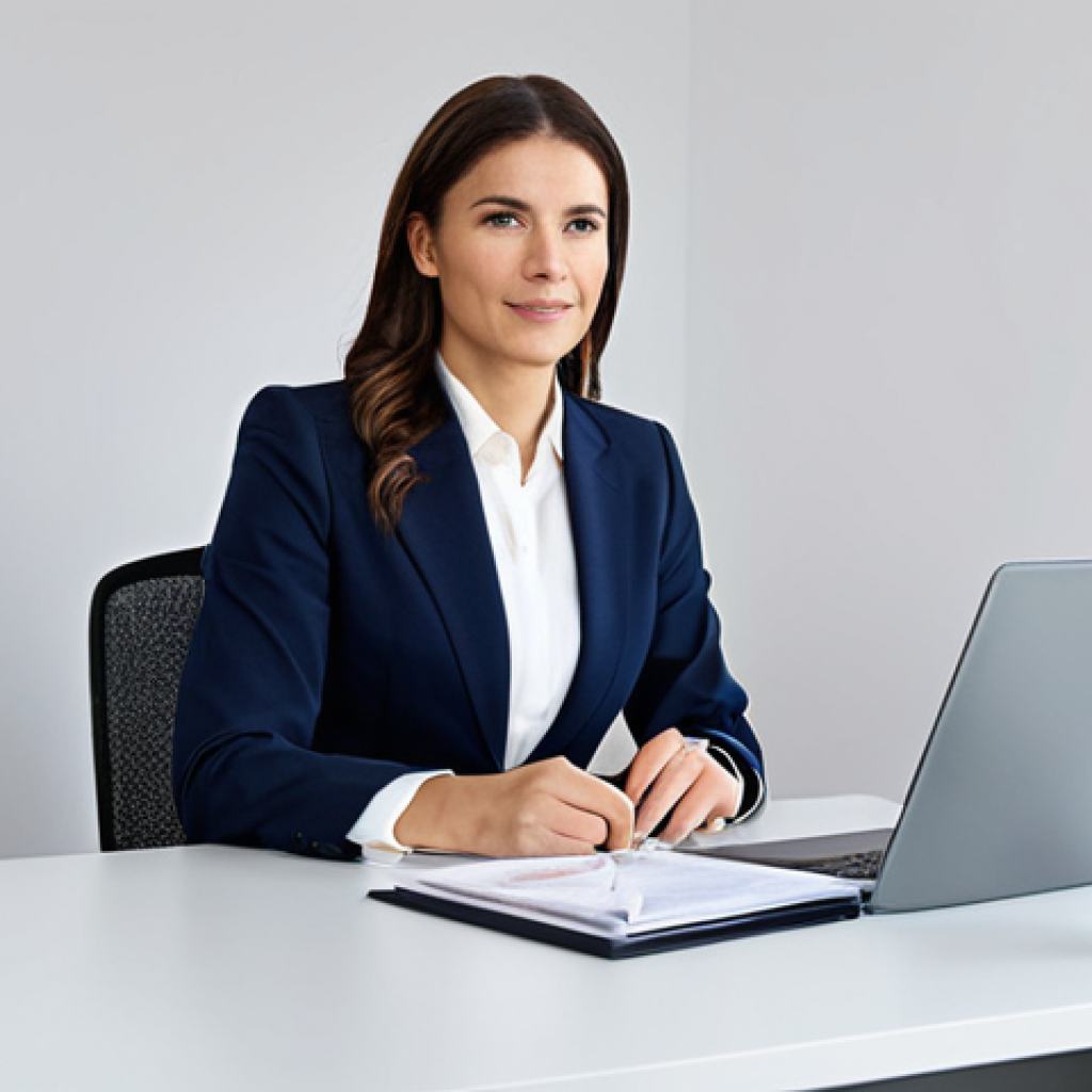 ** A professional businesswoman in a modest business suit, sitting at a desk in a modern office, fully clothed, appropriate attire, safe for work, perfect anatomy, natural proportions, professional photography, high quality, well-formed hands, proper finger count, family-friendly.
**