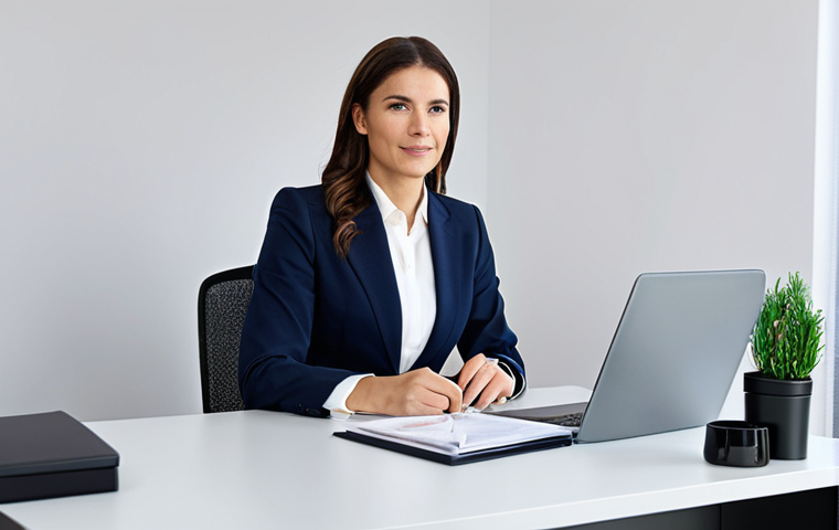 ** A professional businesswoman in a modest business suit, sitting at a desk in a modern office, fully clothed, appropriate attire, safe for work, perfect anatomy, natural proportions, professional photography, high quality, well-formed hands, proper finger count, family-friendly.
**