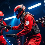 서든어택 e스포츠 팀 정보 - "Galaxy Red team captain 'Rifleman', action shot during a Sudden Attack esports match, fully clothed...