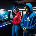 서든어택 배틀 패스 구매 가치 - **Prompt:** A group of three young adult gamers, two male and one female, in a modern, well-lit gami...