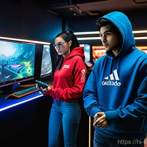 Home 23 서든어택 배틀 패스 구매 가치 - **Prompt:** A group of three young adult gamers, two male and one female, in a modern, well-lit gami...