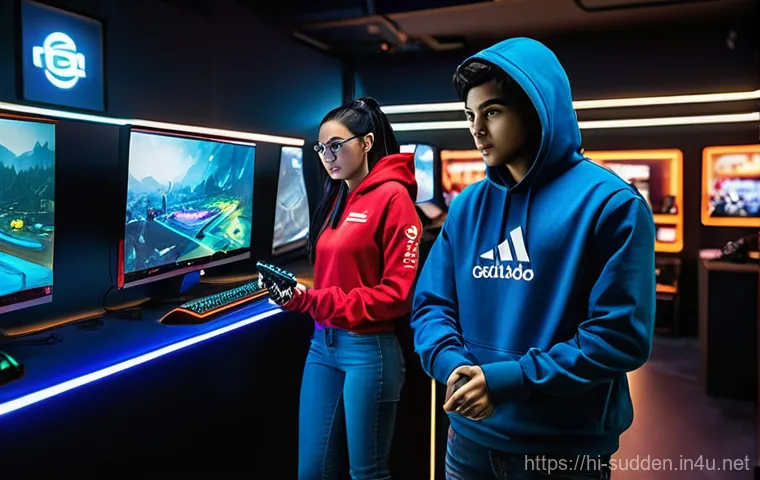 서든어택 배틀 패스 구매 가치 - **Prompt:** A group of three young adult gamers, two male and one female, in a modern, well-lit gami...