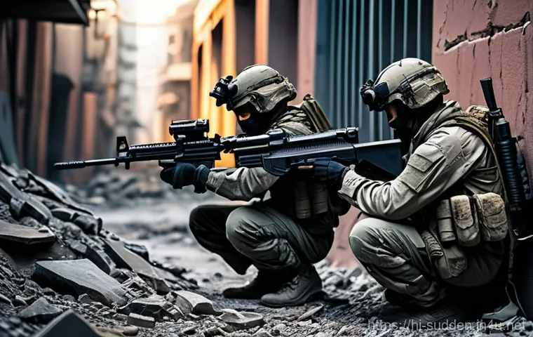 서든어택 미션 시스템 - **Prompt:** A highly detailed, realistic image of a tactical first-person shooter game scene. Three ...