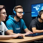 서든어택 클랜 가입 방법 - **Prompt: "A diverse group of young adult gamers, both male and female, intensely collaborating duri...