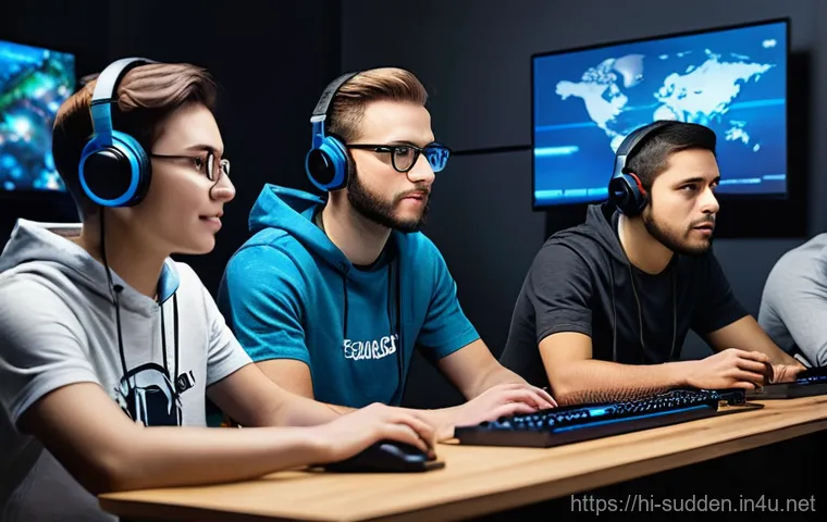 서든어택 클랜 가입 방법 - **Prompt: "A diverse group of young adult gamers, both male and female, intensely collaborating duri...